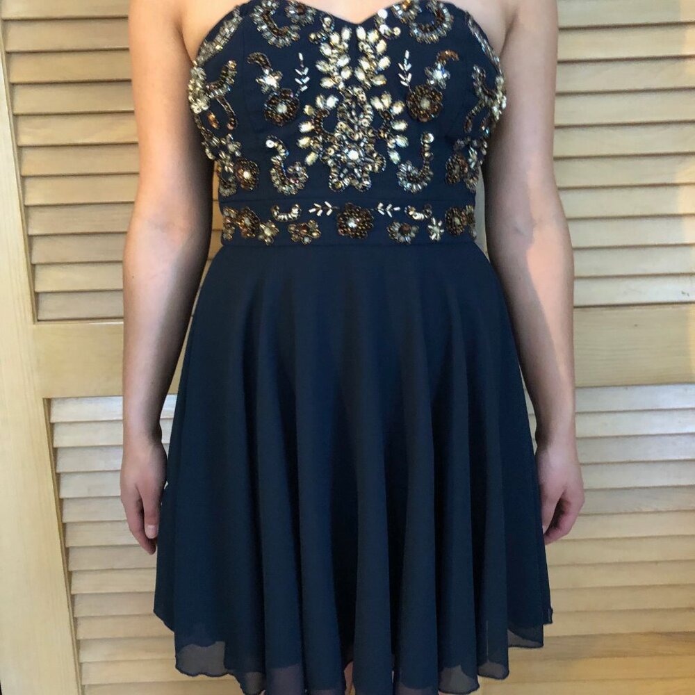 Straples navy blue beaded mini dress for occasion